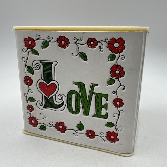 Vtg Retro 1970s Plastic Valentine Planter Cup 4" Square Red Green Hearts LOVE - Picture 1 of 8